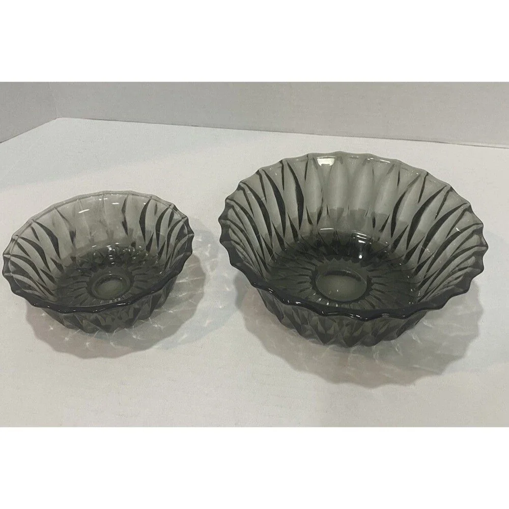 Vintage 2 Libbey Smoke Glass Serving Bowl 8” & 6” Diamond Scroll MCM Replacement
